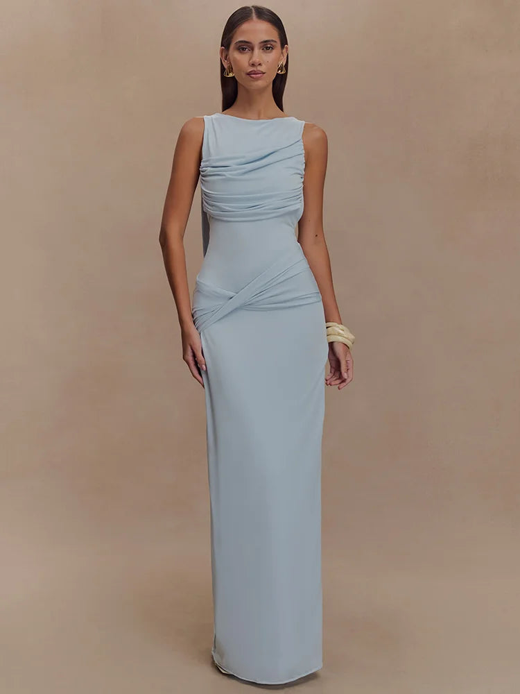 Backless Ruched O Neck Thigh High Split Long Dress