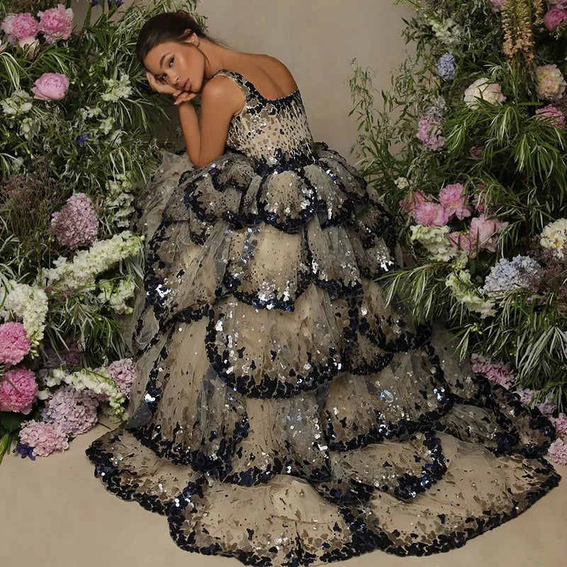 Sequin Butterfly Layered Gown