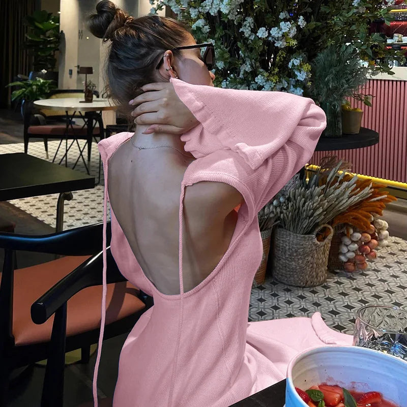 Flare Sleeve Open Back Lace Up Knitwear Long Dress