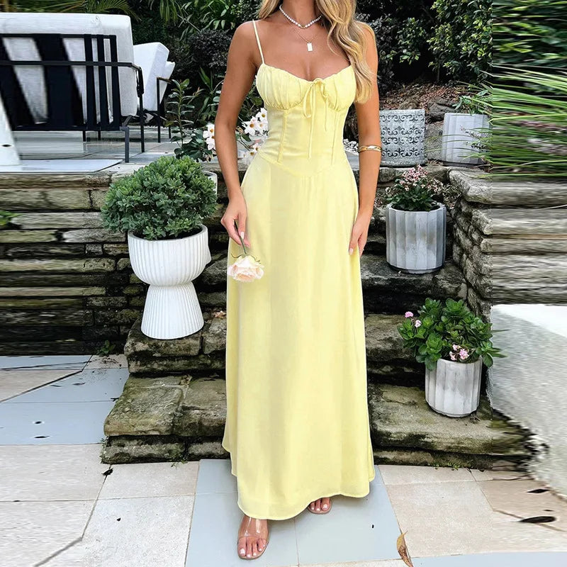 Spaghetti Strap Solid Fit and Flare Long Dress