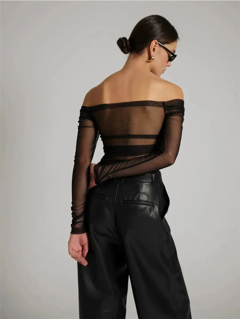 Mesh Off-shoulder Pleated Bust Strapless See Through Top