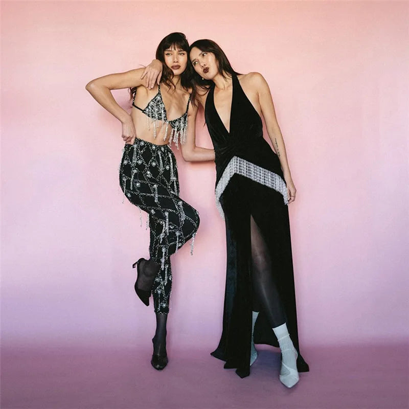 Strapless High Slit Tassel Maxi Dress