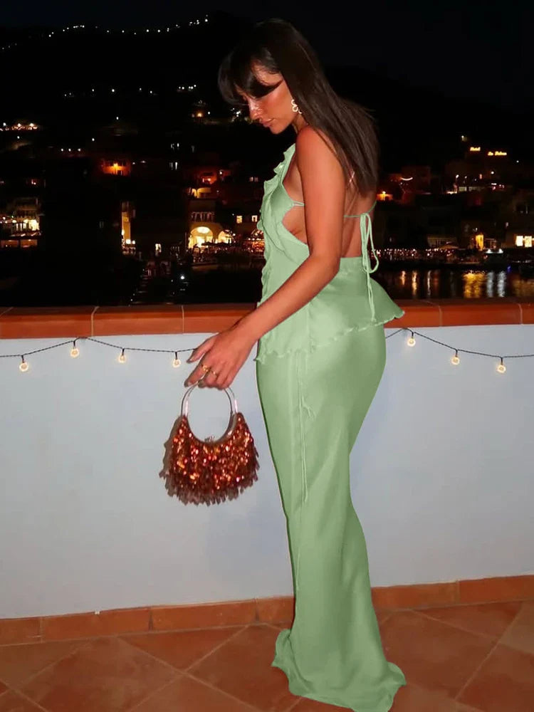 Mesh Irregular Ruffles Backless Tops and Long Skirts Suits