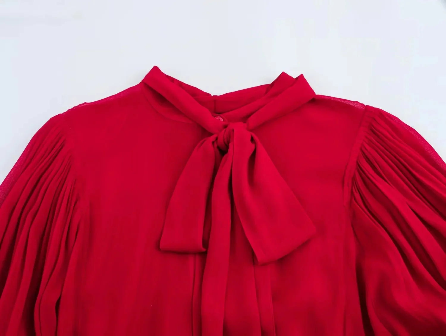Solid O-Neck Bow Button Long Sleeve Blouse