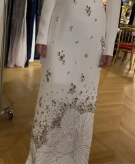 White Beads Diamond Long Sleeve Maxi Dress