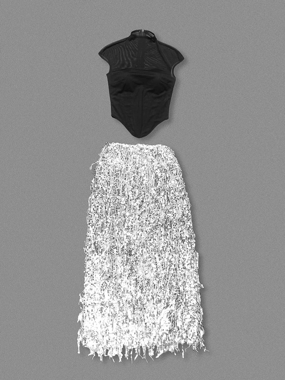 Black Fishbone Top Sequin Mesh Long Skirt Set