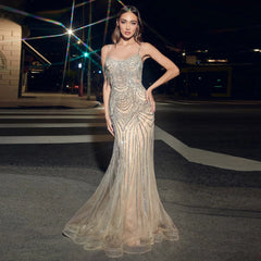 Crystal Tassel Mermaid Spaghetti Straps Gown