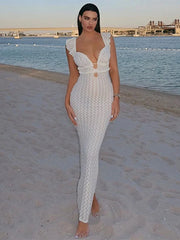 Deep V Neck Sleeveless High Waist Long Knitted Dress