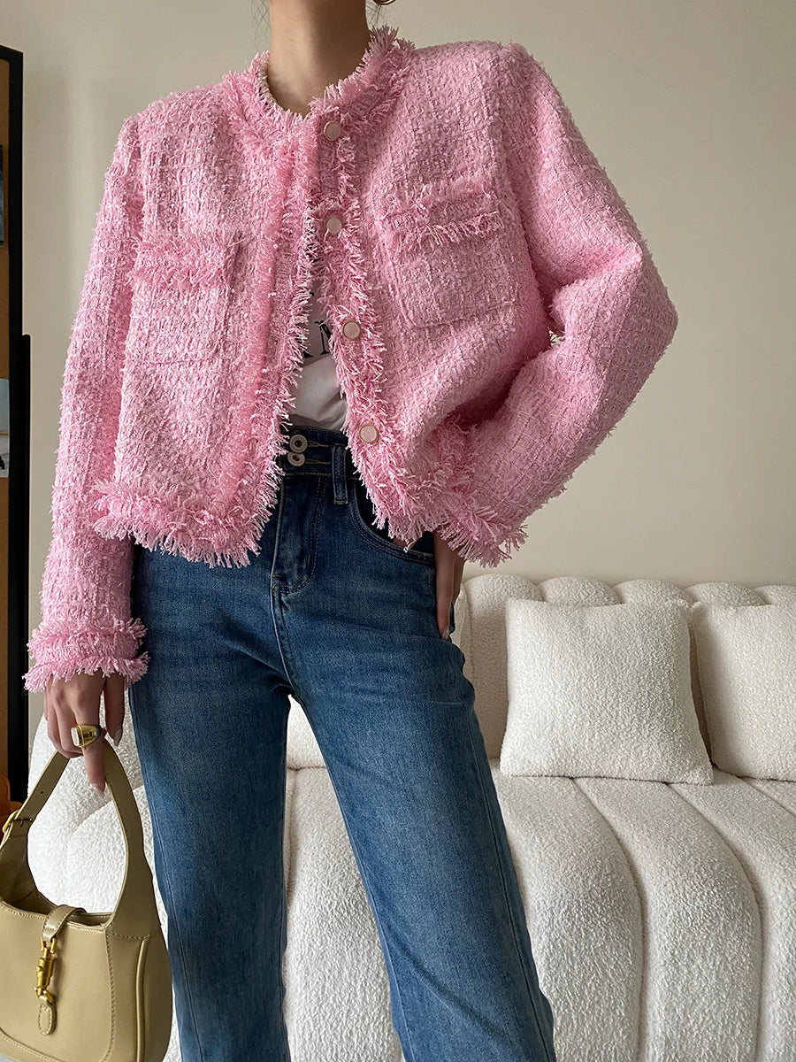 Pink Fringe Fur Shoulder Pad Tweed Blazer
