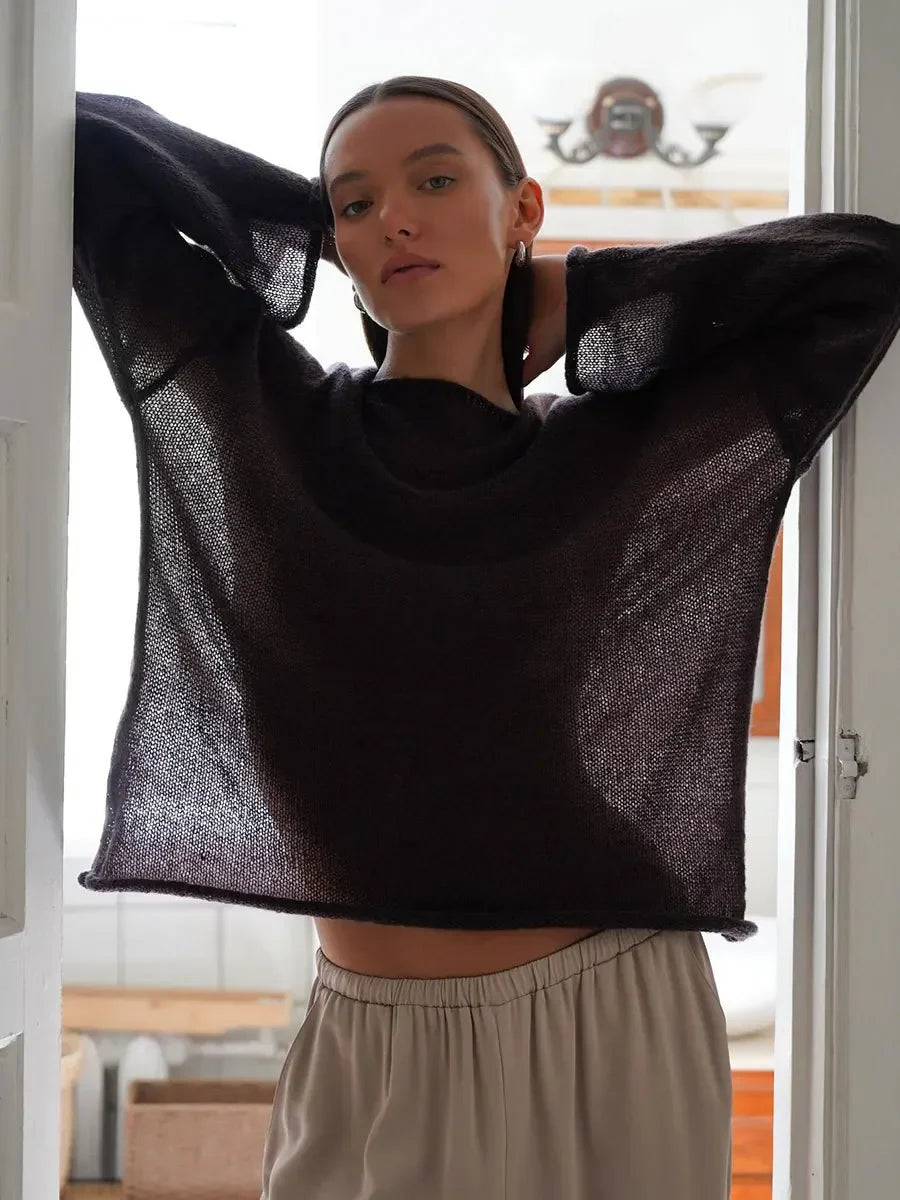 Hollow Solid See-through Long Sleeve Knitted Top