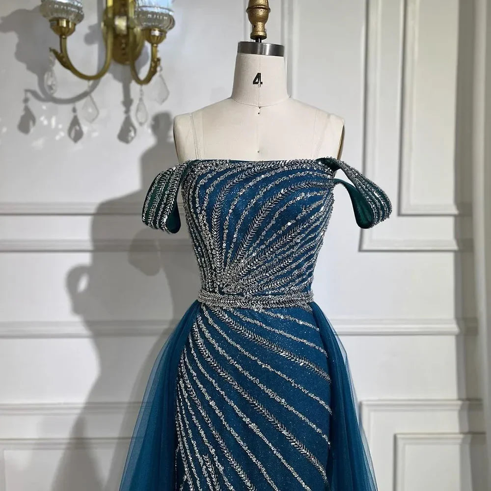 Boat Neck Split Mermaid Elegant Beaded Gowns