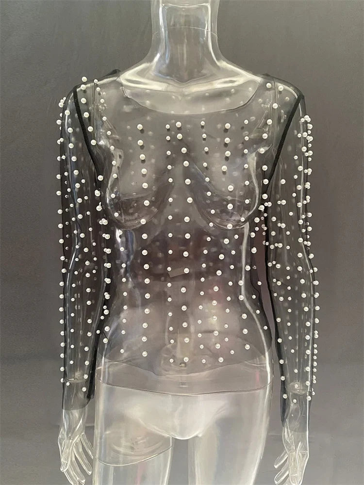 Long Sleeve Mesh Sheer Lace Pearls Top