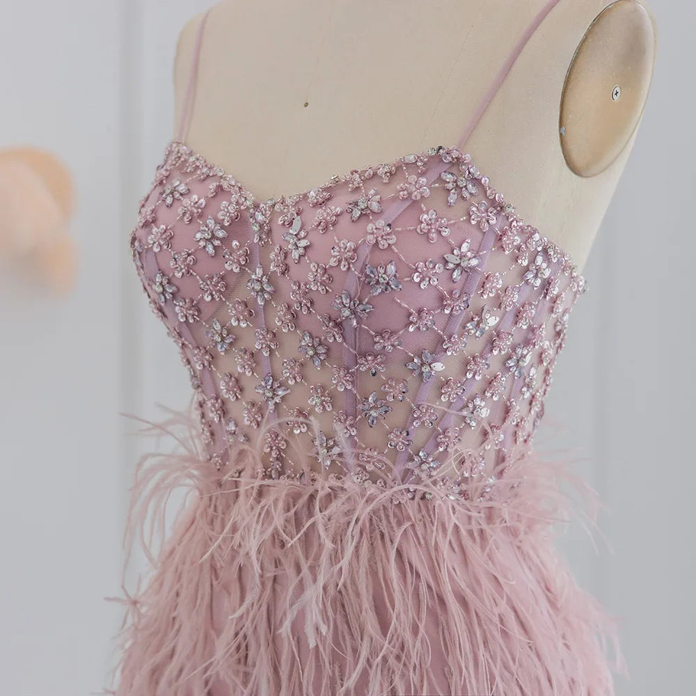 Feathers Spaghetti Straps Side Slit Prom Dress