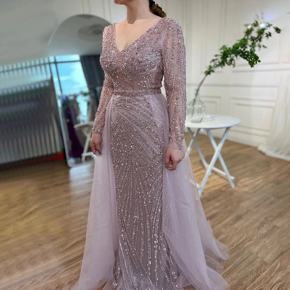 Blue Mermaid Beaded Long Sleeves Evening Gown