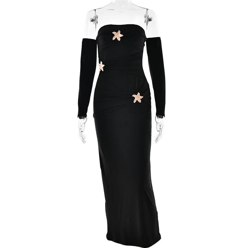 Metal Buckle Off-shoulder Backless Long Dress