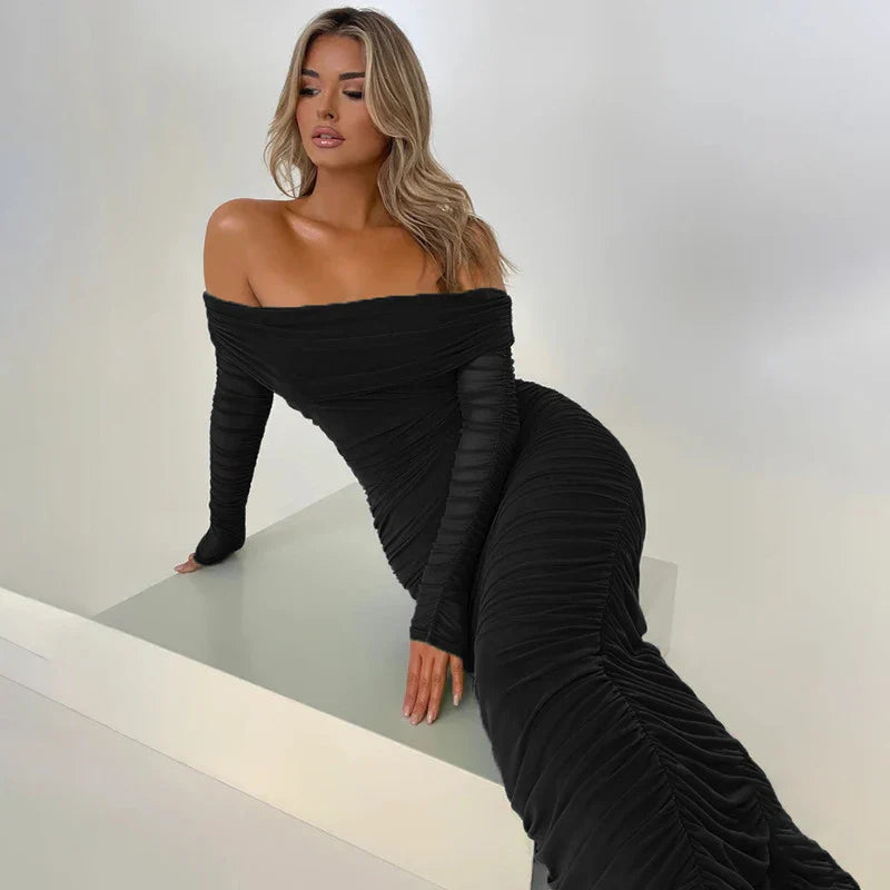 Off-shoulder Slash Neck Solid Maxi Dress