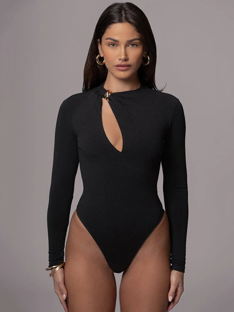 Metal Buckle Hollow Out Long Sleeve Bodysuit