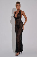 Halter Neck Backless Glitter Long Dress