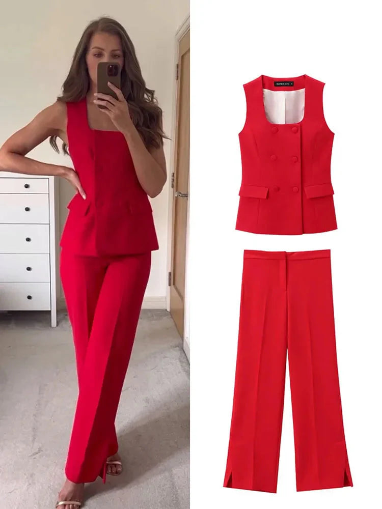 Square Neck Sleeveless Waistcoat Pant Suit