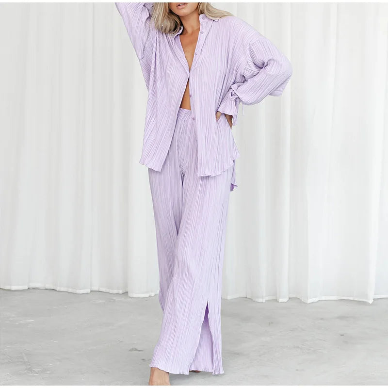 2 Piece Set Blouse Tops and Split Wide Leg Pants