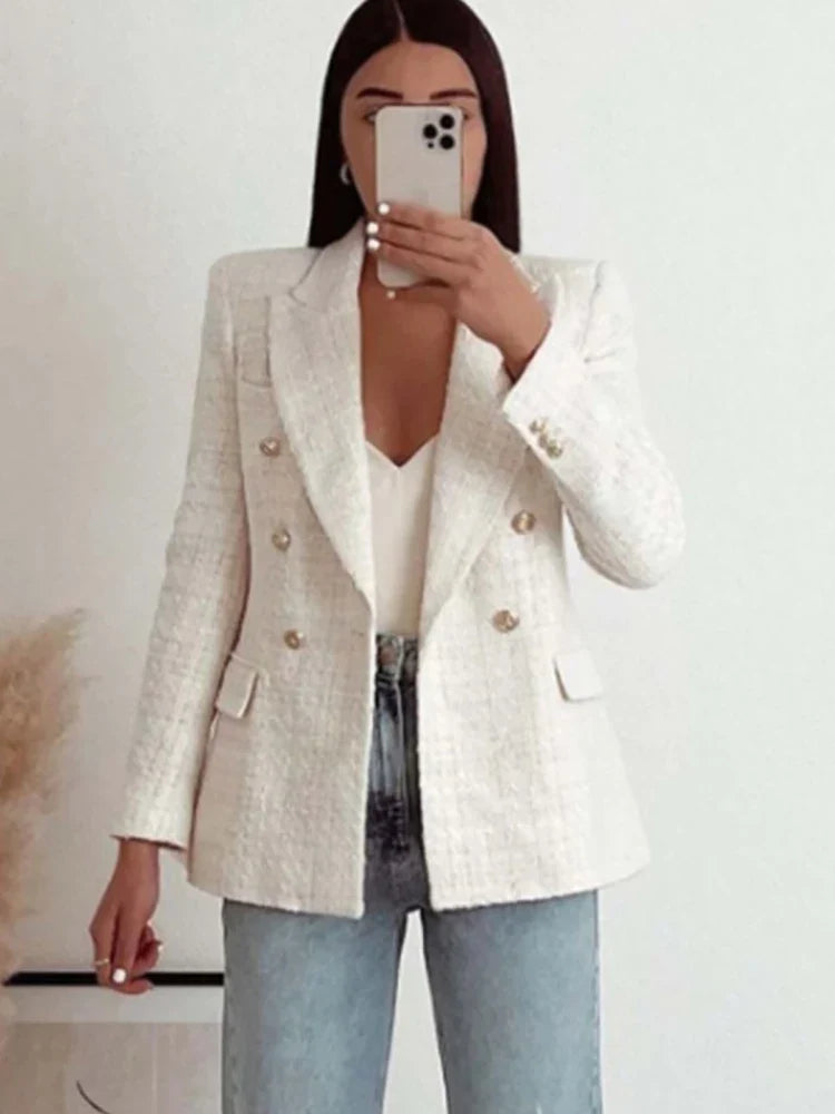 Double Breasted Buttons Tweed Blazer