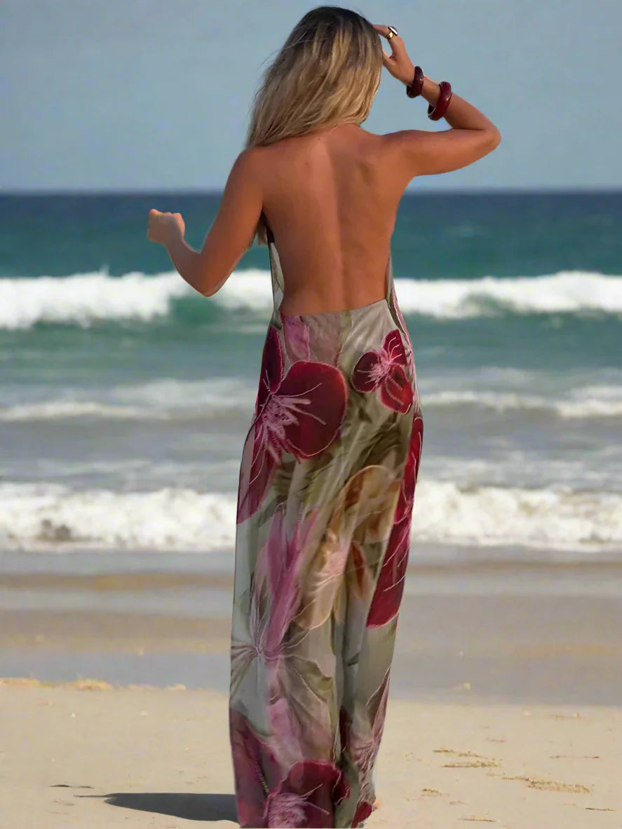 Floral Print Backless Halter Dress with Split for Women