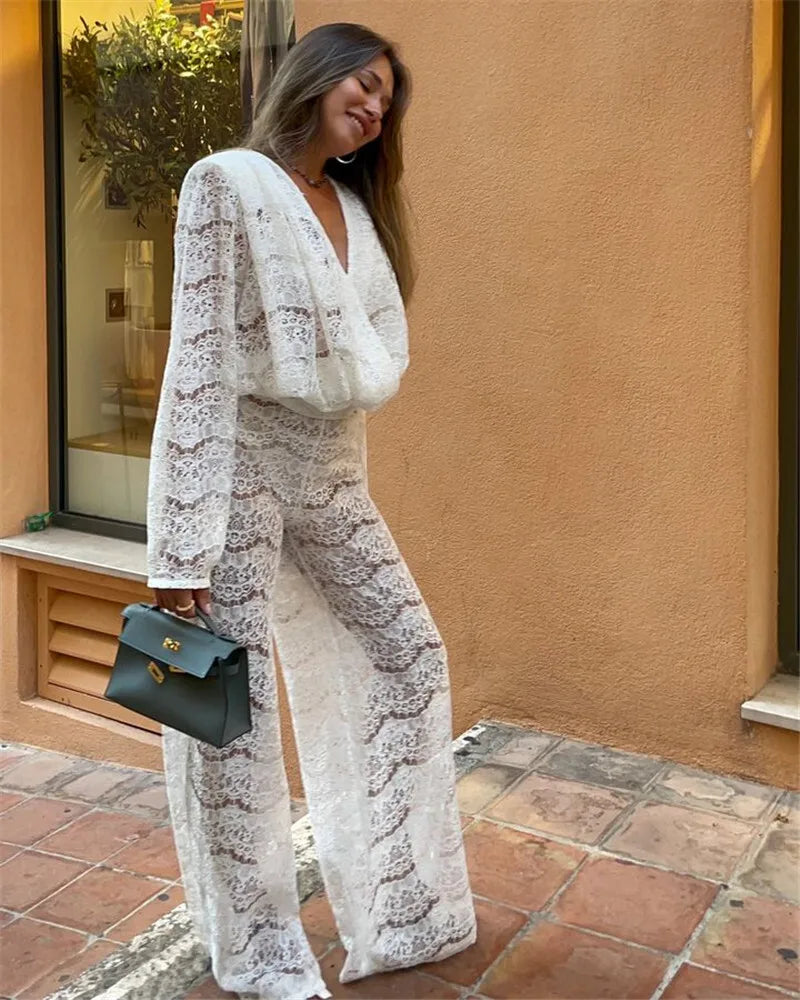 White Lace Two-Piece Loose Trouser Set