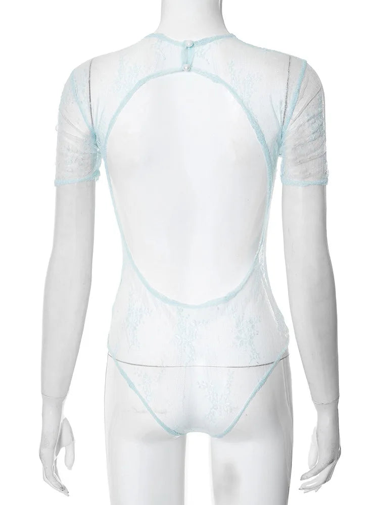 Sheer Lace Patchwork Bodysuit Top For Women