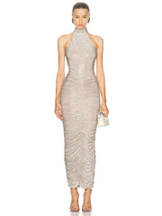 Halter Neck Backless Crystal Folds Long Dress