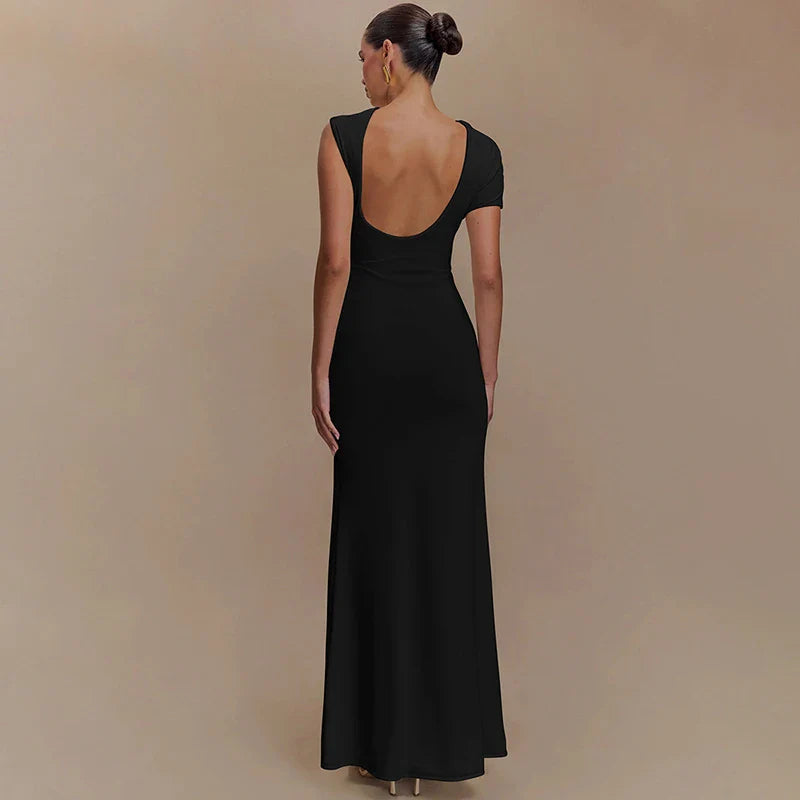 Hollow Out Metal Buckle Solid Short Sleeve Long Dress