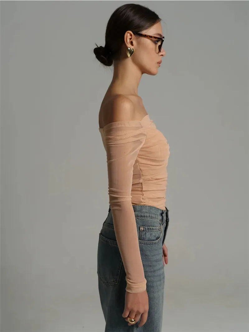 Mesh Off-shoulder Pleated Bust Strapless See Through Top