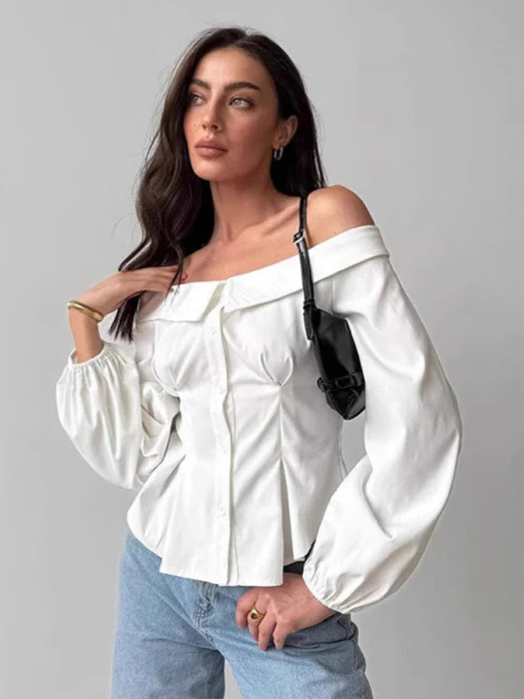 Off-Shoulder White Long Sleeved Blouse