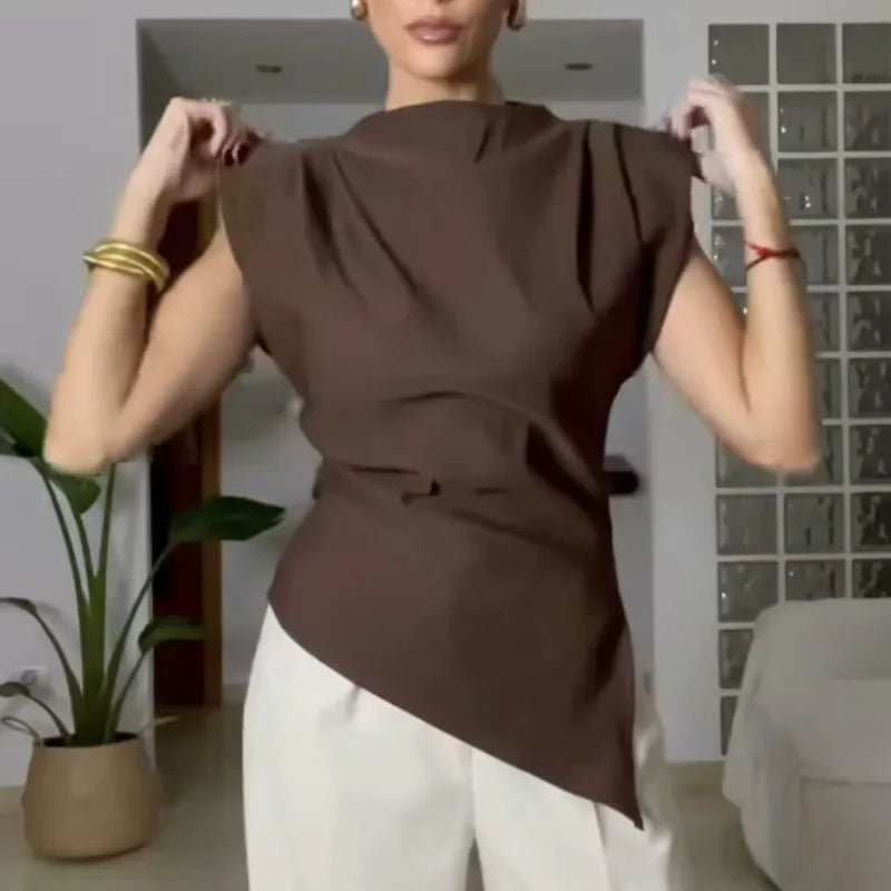 Sleeveless Cropped Top Pleated Round Neck Vest T-Shirt