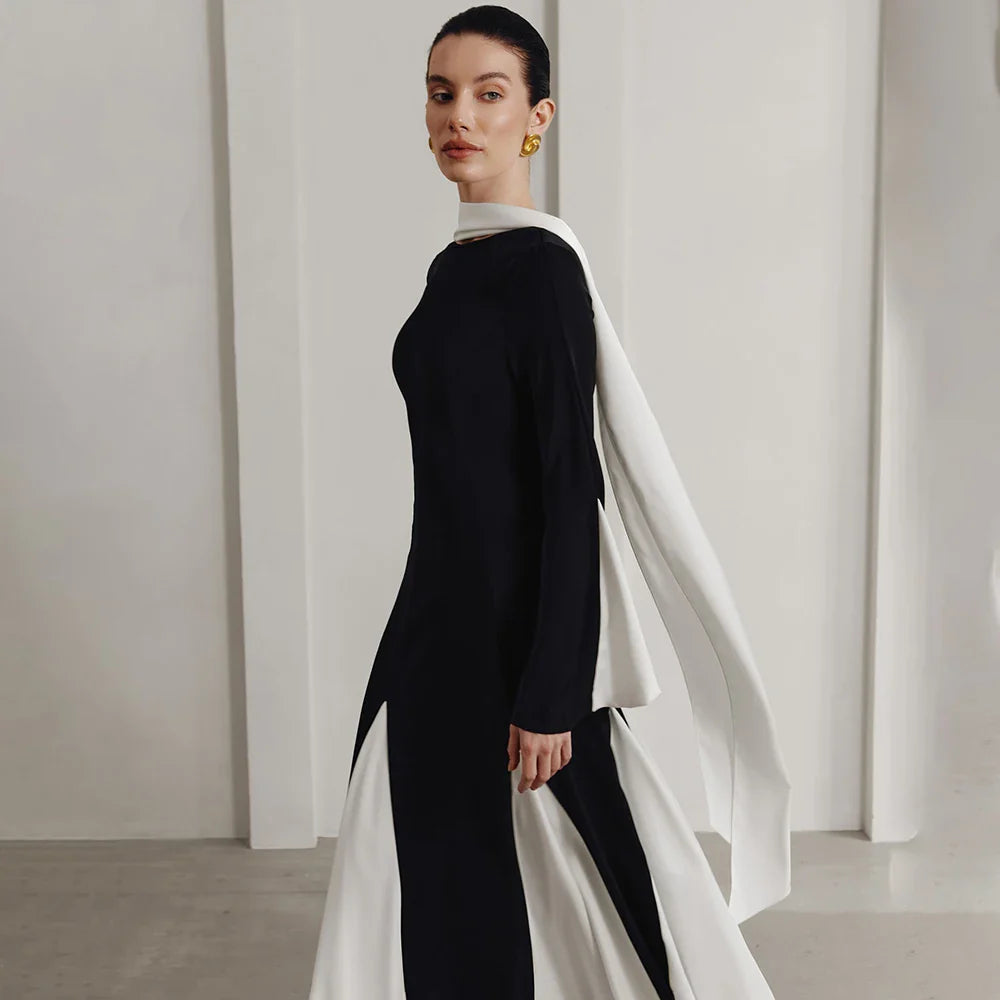 Ribbon Patchwork Pleated Long Dress