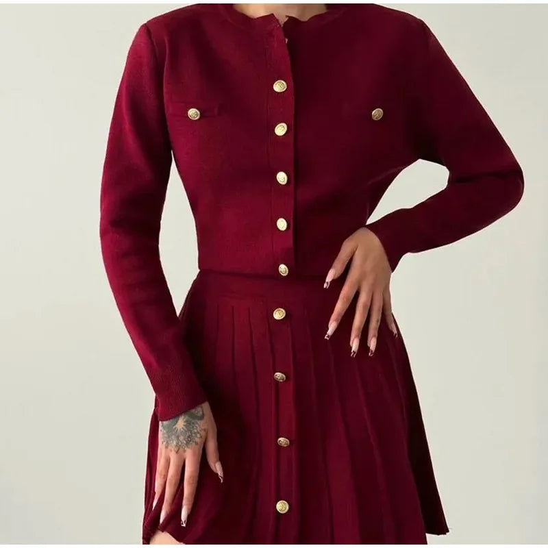 Slim Fit Elegant Burgundy Red Coat and Mini Skirt Set for Women