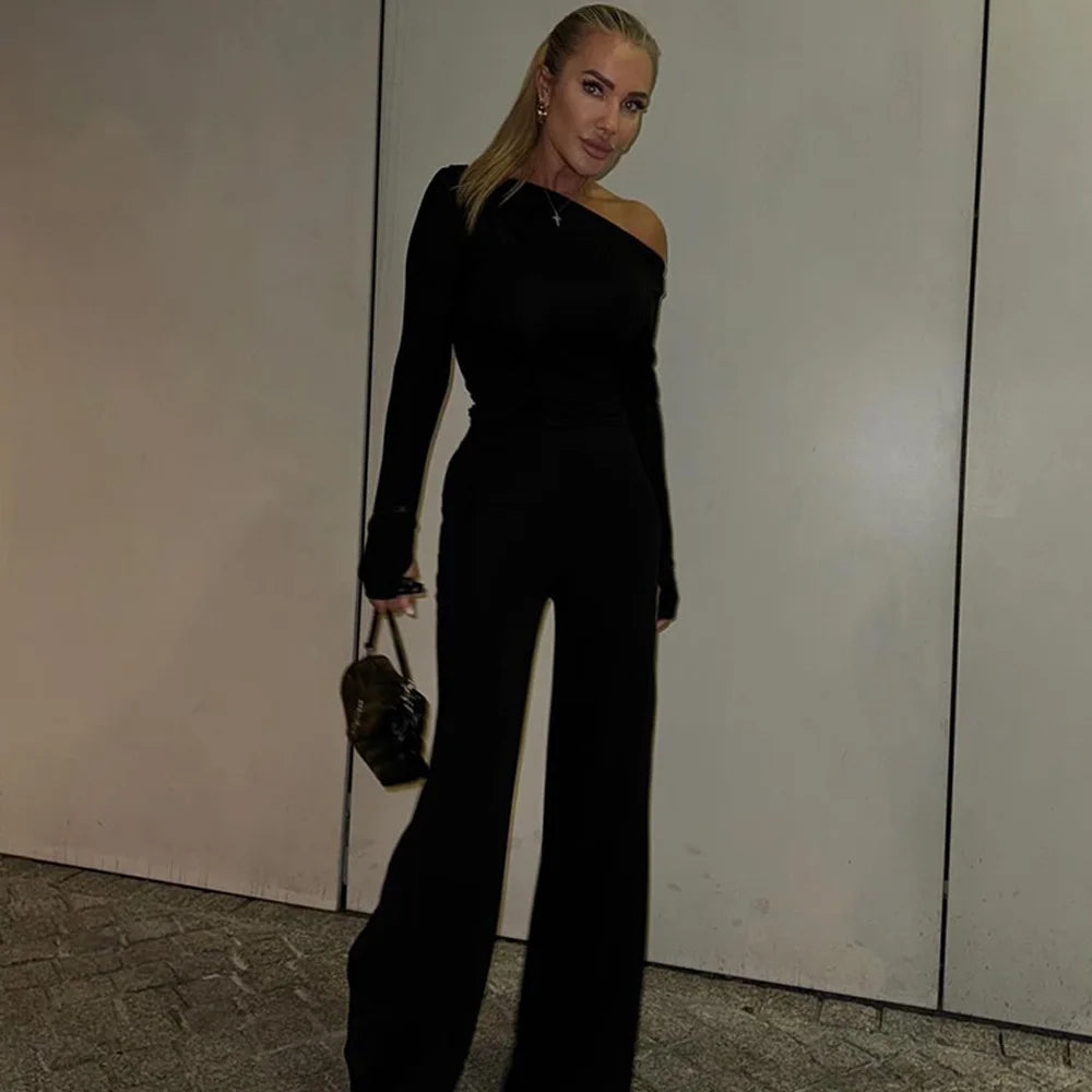 One Shoulder Flare Sleeve Top Long Pant Suit