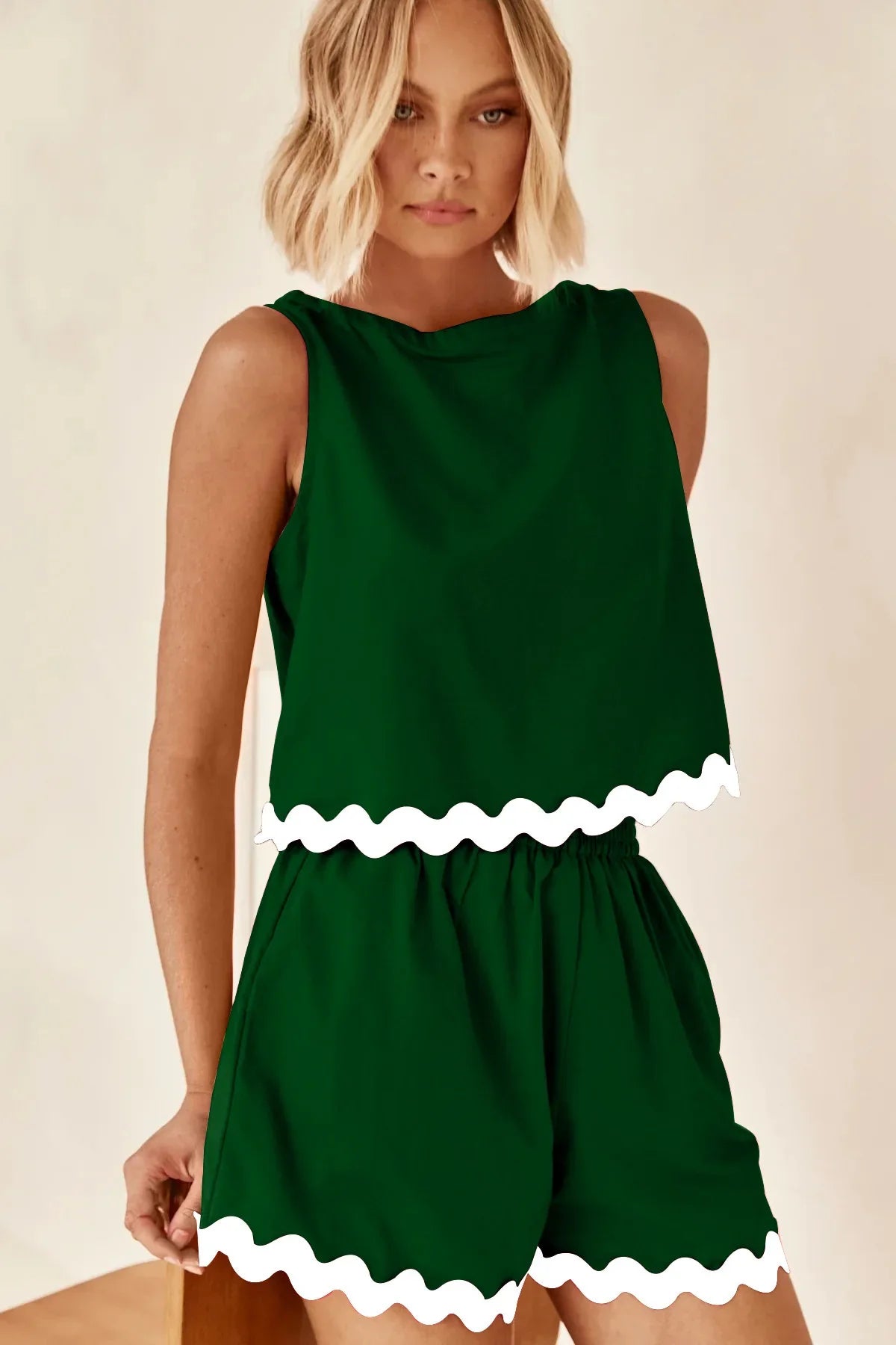Wave Stripe Patchwork Tops High Waist Shorts Set