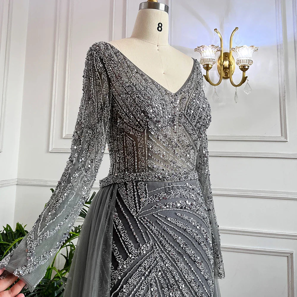 Blue Mermaid Beaded Long Sleeves Evening Gown