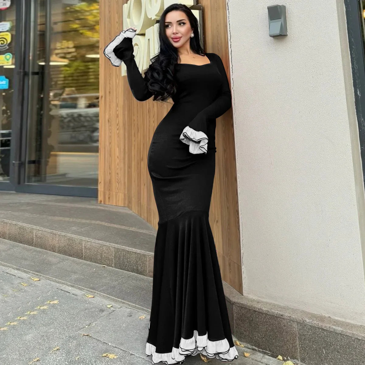 Ruffled Square Collar Patchwork Maxi Dress
