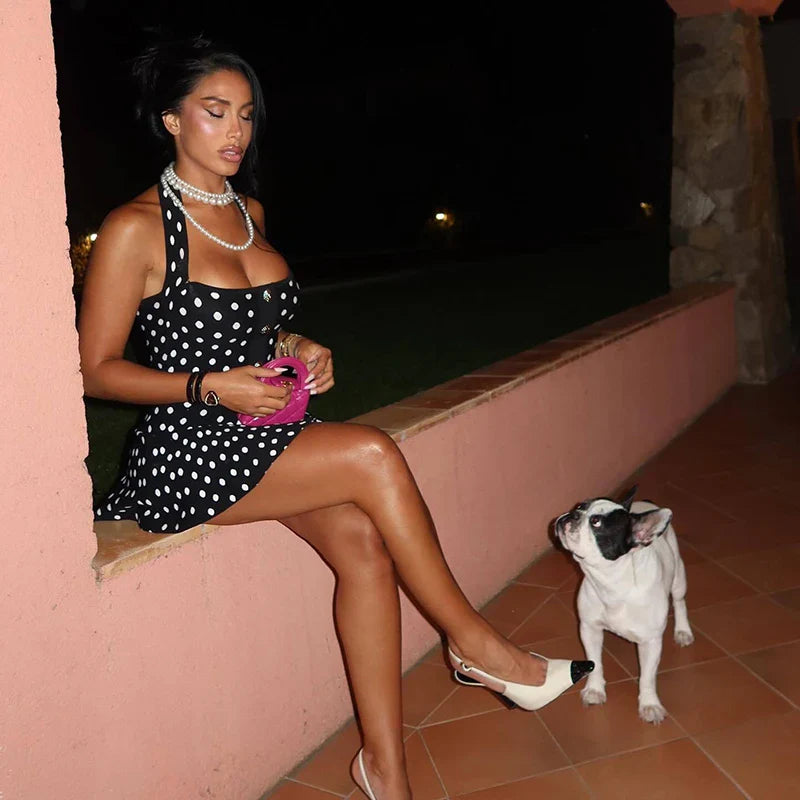 Halter Polka Dot Square Collar Mini Dress