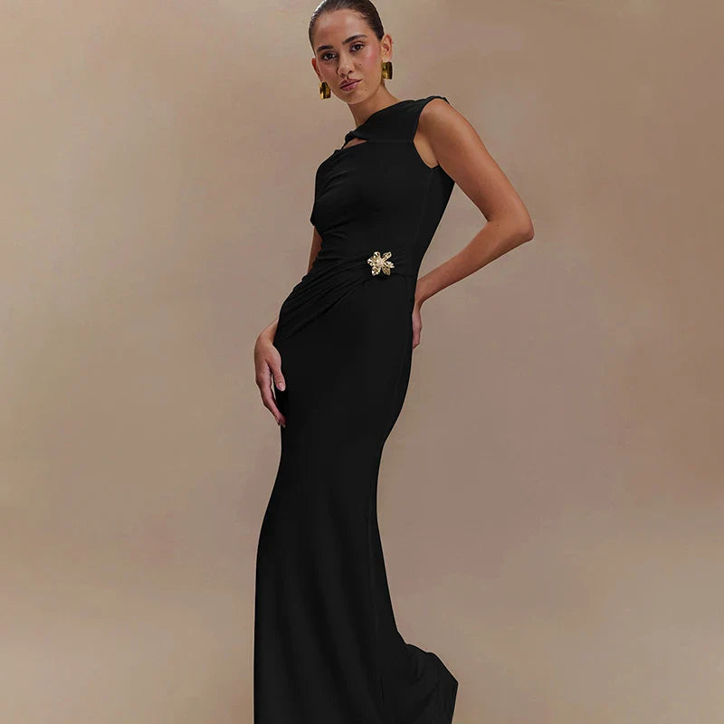 Hollow Out Metal Buckle Solid Short Sleeve Long Dress