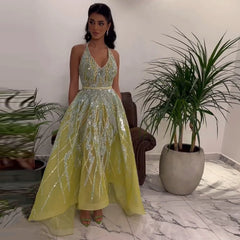Beaded Halter A-Line Tulle Evening Dresses