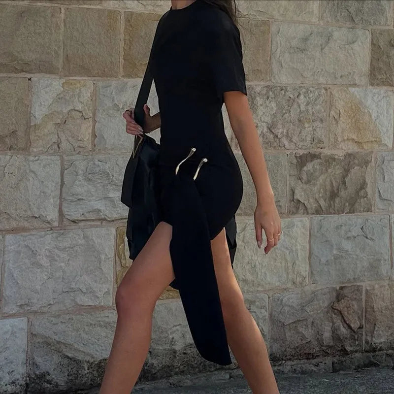 Short Sleeve Draped Black Metal Buckle Mini Dress