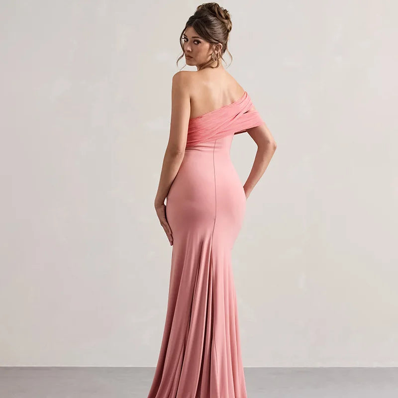 Solid One Shoulder Mesh Slit Long Dress