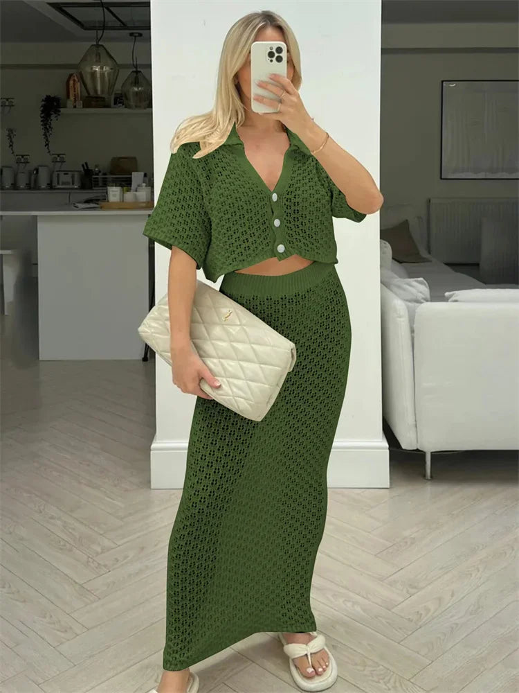 Knit Hollow Out Top and Long Skirt Suit