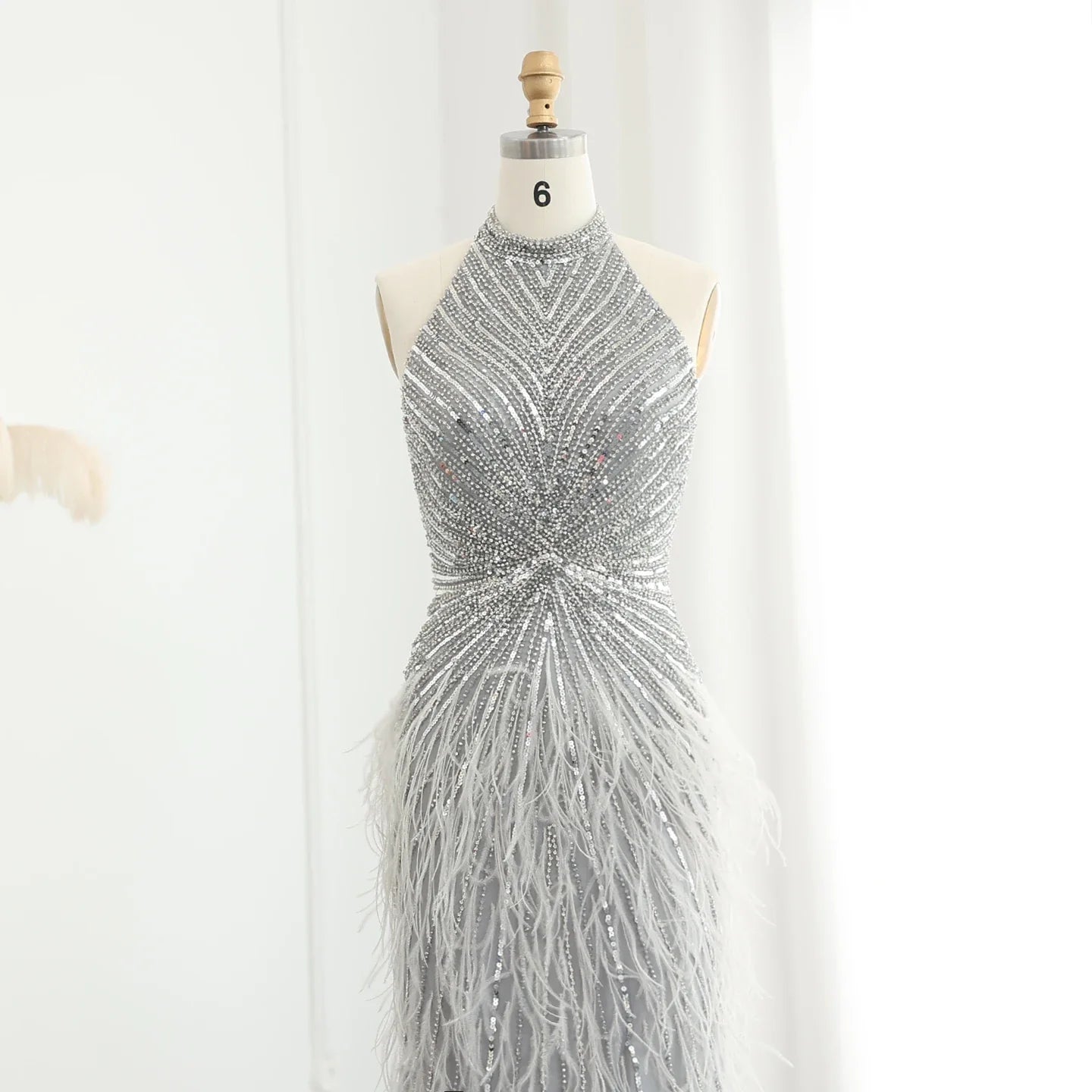 Beaded Feathers Mermaid Halter Backless Gown