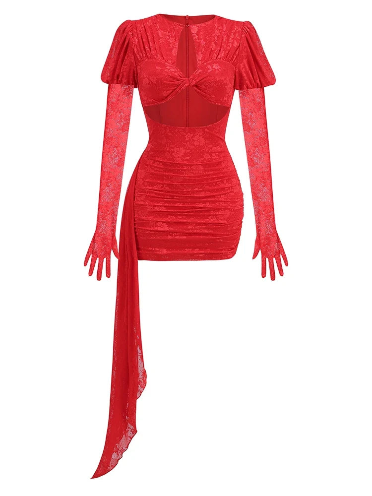 Gloves Long Sleeves Lace Floral Dress