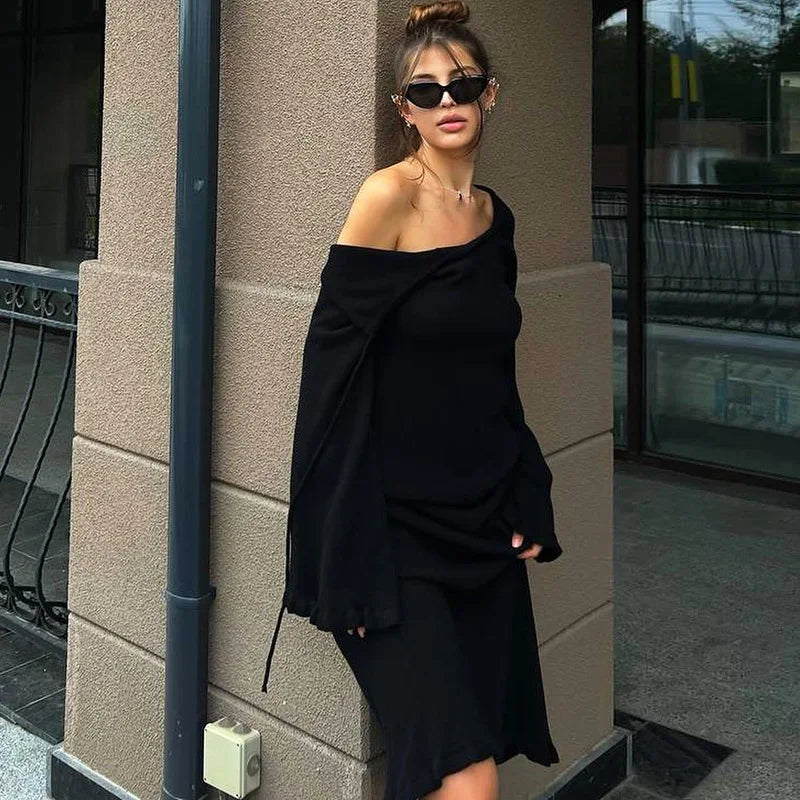 Flare Sleeve Open Back Lace Up Knitwear Long Dress