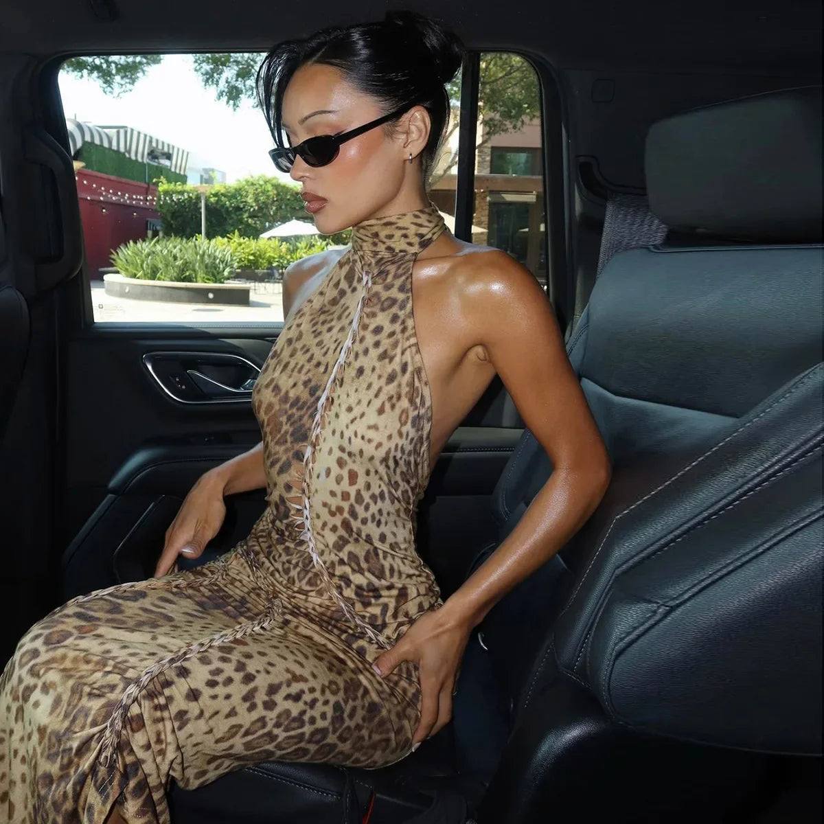 Halter Leopard Embellished Long Dress