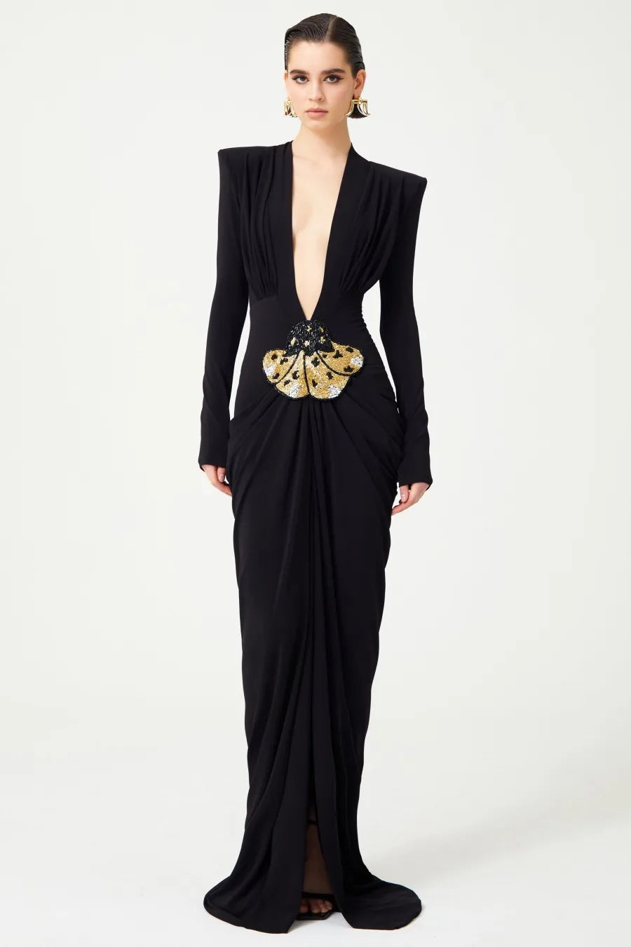 Deep V Neck Long Sleeves Black Maxi Dress  Party Gown